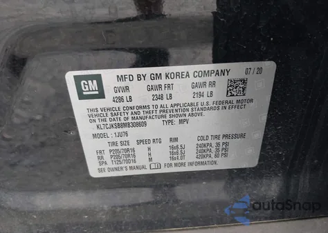 2021 Chevrolet Trax Fwd Ls из США, поврежденный, VIN KL7CJKSB8MB308609